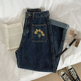 INS大人气 ひまわり柄の刺繍 カジュアル ジーンズ