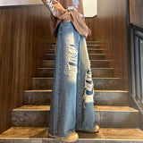 アメリカンスタイル ハイストリートスタイル ワイドパンツ ダメージデニムパンツ