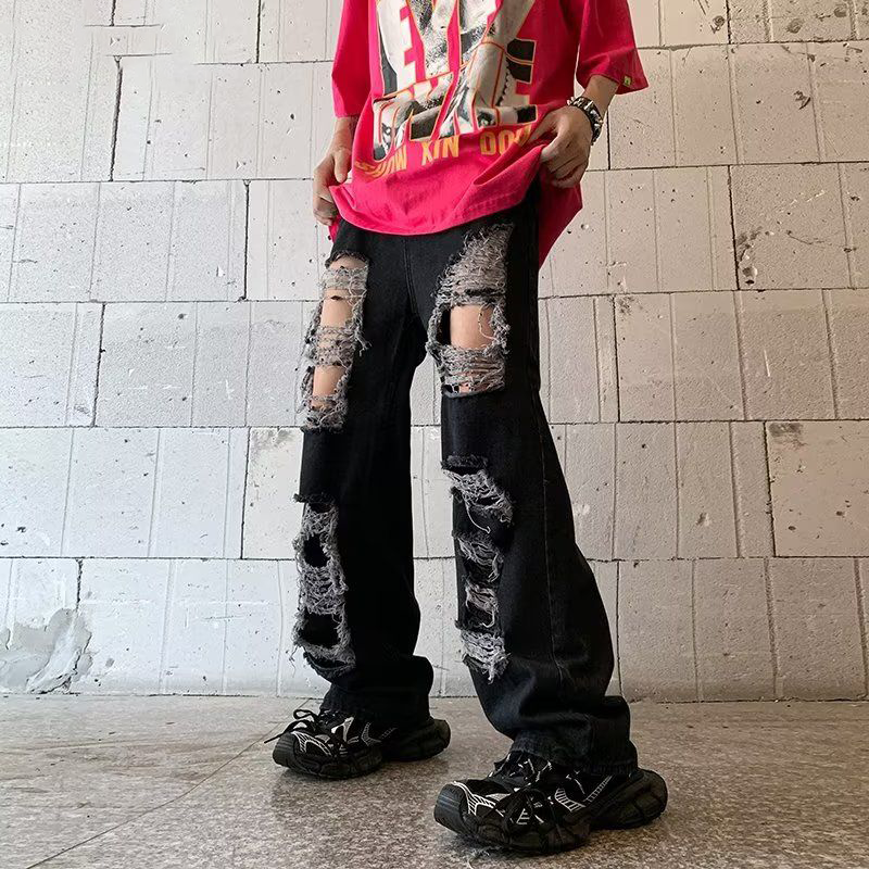 アメリカンハイストリートスタイル カジュアル ダメージデニムパンツ