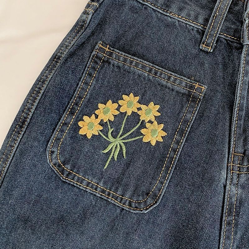 INS大人气 ひまわり柄の刺繍 カジュアル ジーンズ