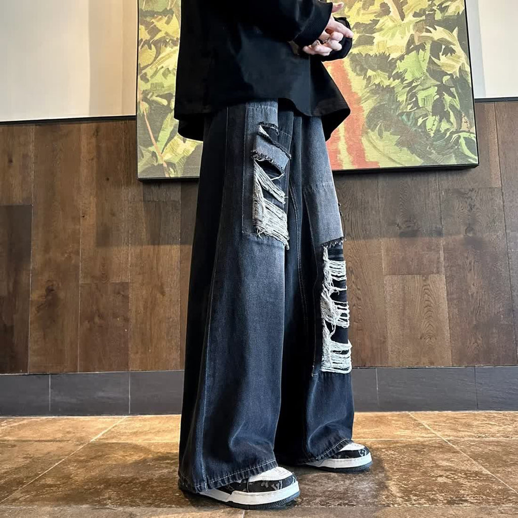 アメリカンスタイル ハイストリートスタイル ワイドパンツ ダメージデニムパンツ