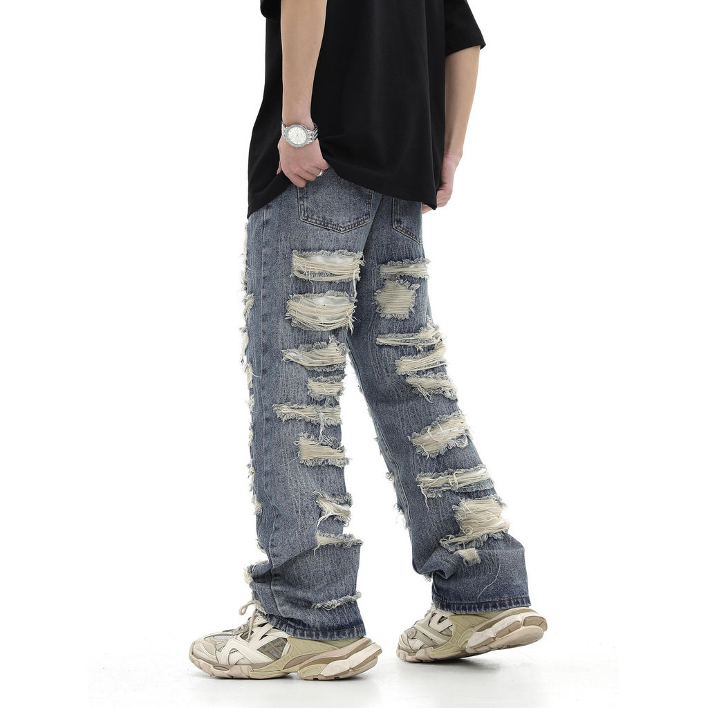 アメリカンハイストリートスタイル 超カッコイイ ダメージデニムパンツ