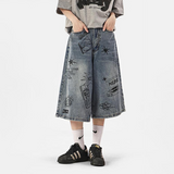 落書き風 カジュアル 七分丈パンツ ワイドパンツ