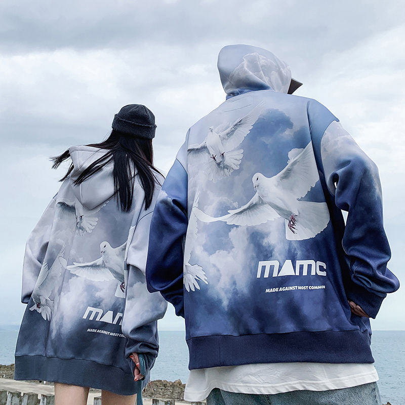 人気爆発 ペアルック 平和の鳩  グラデーション フード付きパーカー