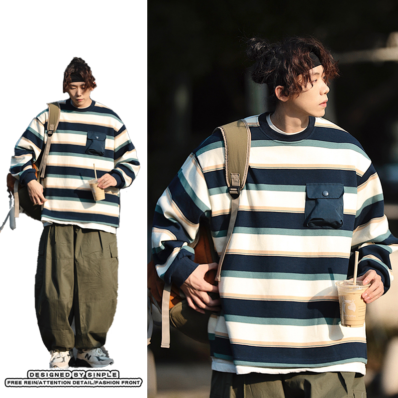 ボーダー柄 カジュアル 韓国ファッション 长袖Tシャツ