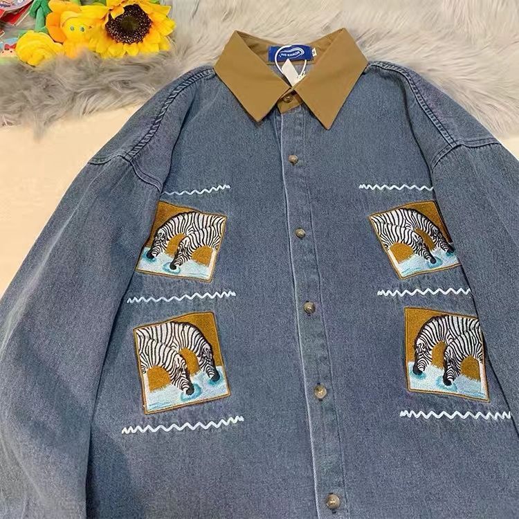 OVERSIZE レトロ に刺繍 シマウマ頭 デニムジャケット