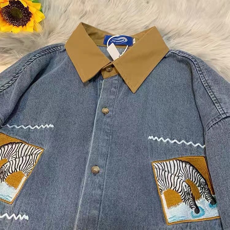 OVERSIZE レトロ に刺繍 シマウマ頭 デニムジャケット