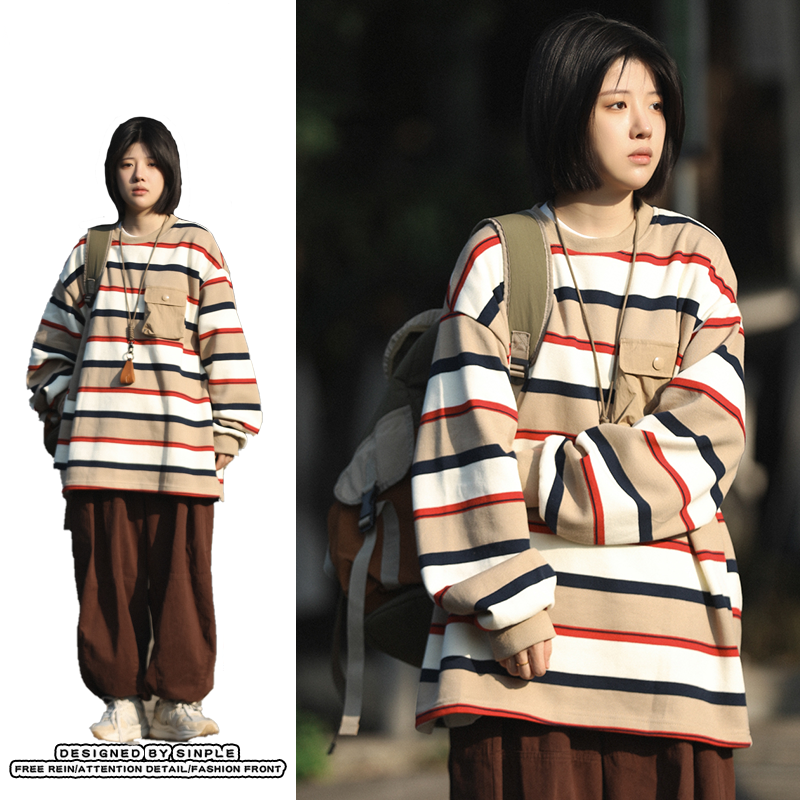 ボーダー柄 カジュアル 韓国ファッション 长袖Tシャツ