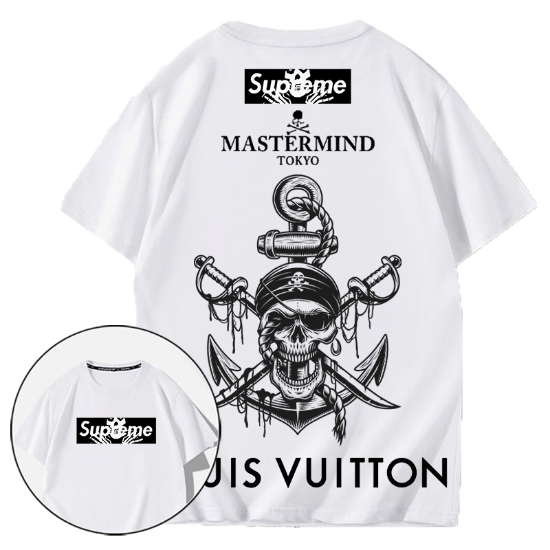 人気デザインの海賊スカルアンカー背景プレミアムプリント半袖