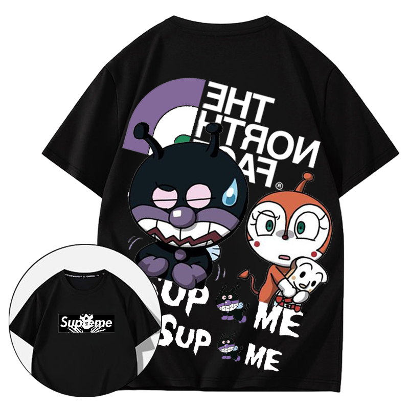 人気のトレンディでクールなアニメキャラクターの無言の表情の高級プリント半袖