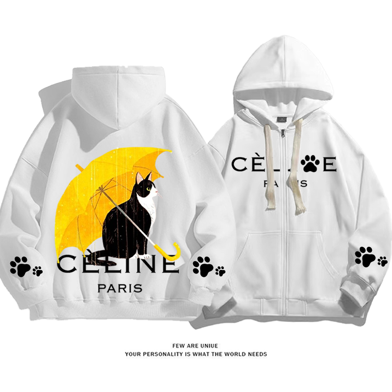 人気のカジュアルスタイル 傘をさす猫 カーディガントレーナー