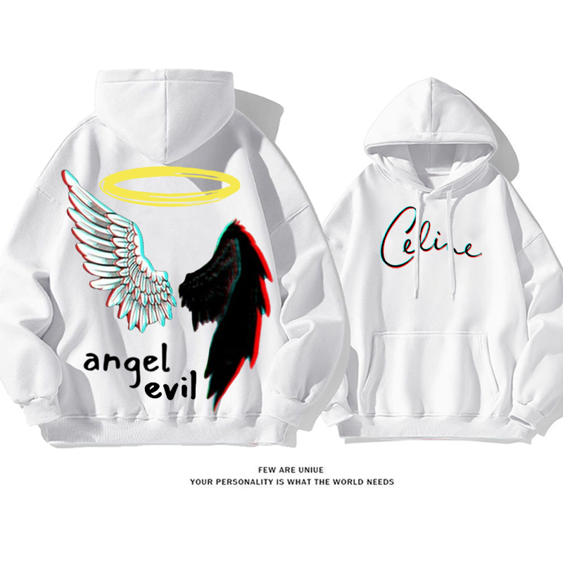 パーソナライズされたデザイン 黒と白の翼 プリント柄フード付きパーカー