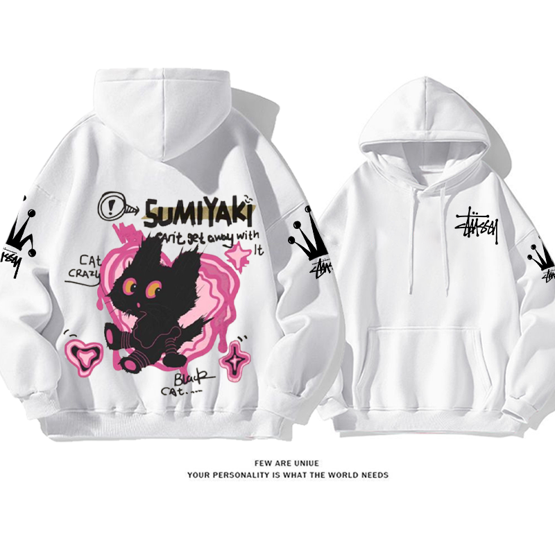 コントラストカラーデザイン 髪の毛が逆立つ猫 フード付きパーカー