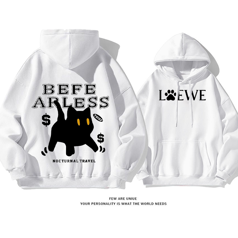 シンプルなデザイン 猫 プリント柄フード付きパーカー