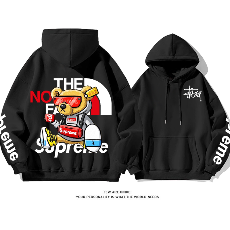 トレンディなファッションデザイン クールなクマ プリント柄フード付きパーカー