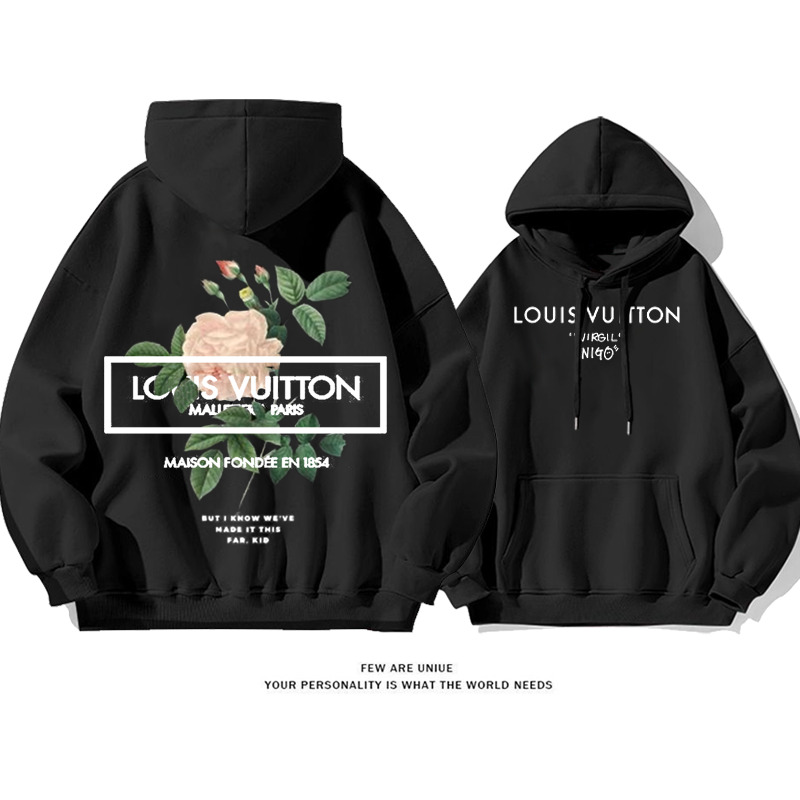 シンプルなデザイン 花と英字 プリント柄フード付きパーカー