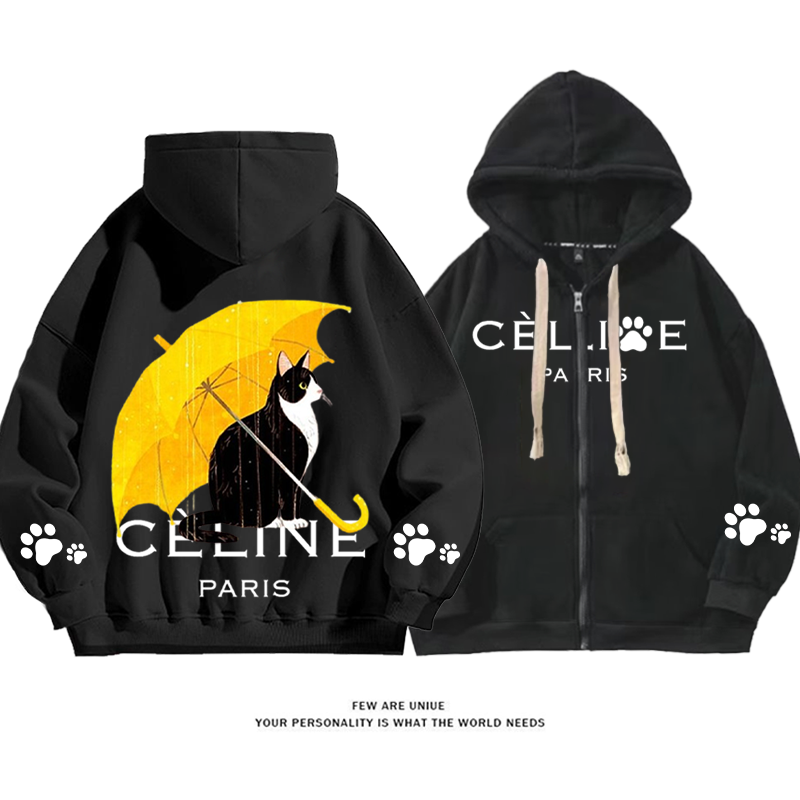 人気のカジュアルスタイル 傘をさす猫 カーディガントレーナー