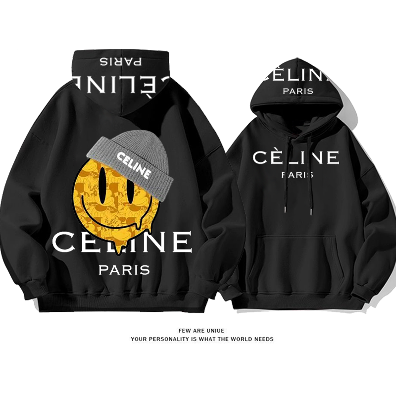 流行のファッション 帽子をかぶったスマイリーフェイス プリント柄フード付きパーカー