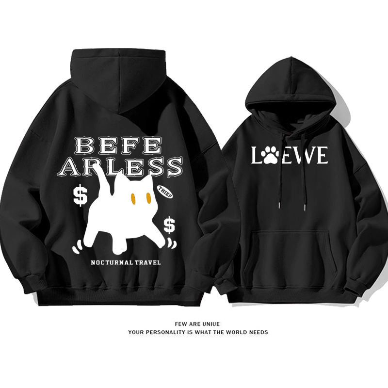 シンプルなデザイン 猫 プリント柄フード付きパーカー