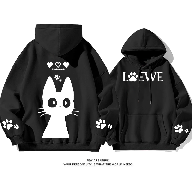 ユニークなデザイン アニメ黒猫 プリント柄フード付きパーカー