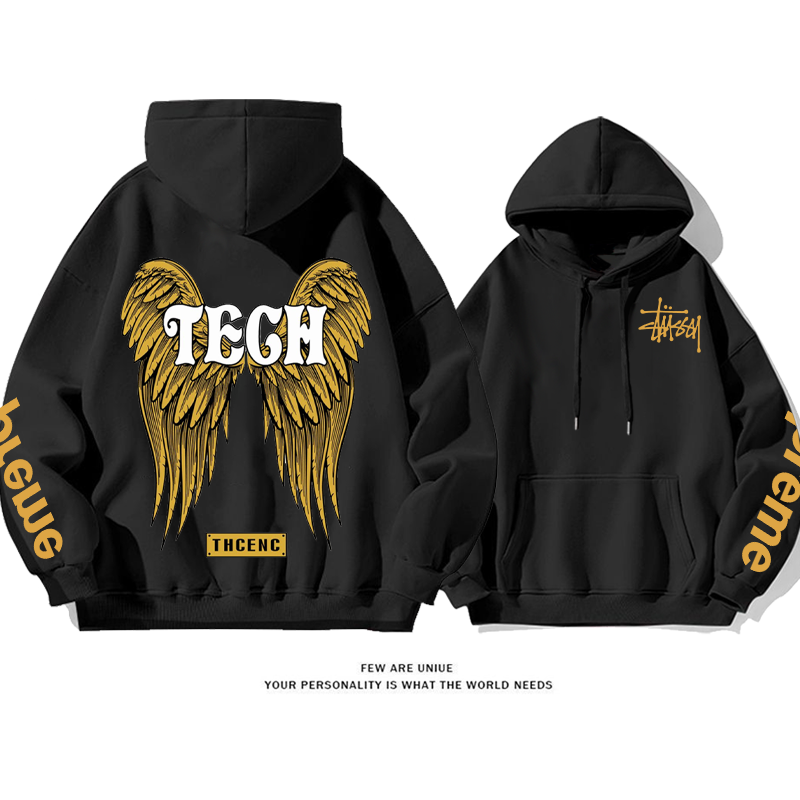 クールなデザイン 黄金の翼 プリント柄フード付きパーカー