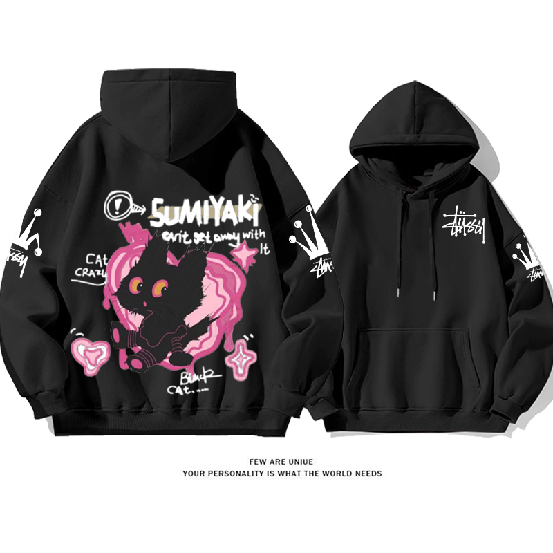 コントラストカラーデザイン 髪の毛が逆立つ猫 フード付きパーカー