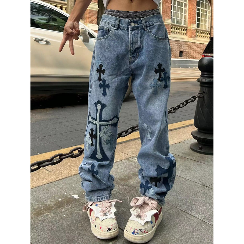 人気爆発 欧米 ハイストリートスタイル コントラストカラー クロス 刺繍 ジーンズ