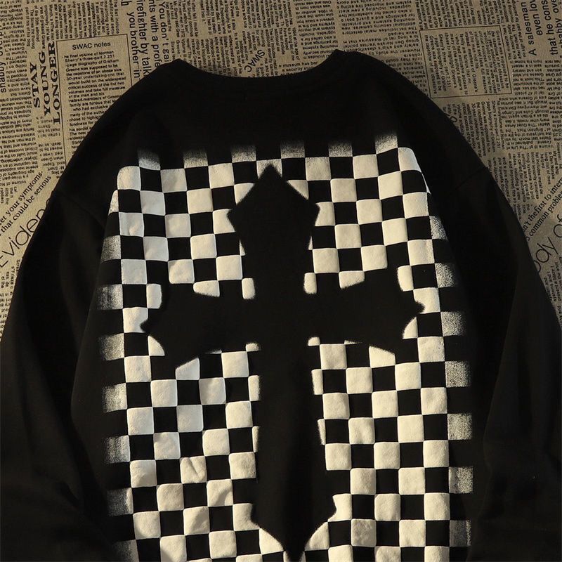 ユニークなデザイン チェック柄 欧米 ファッション 长袖Tシャツ