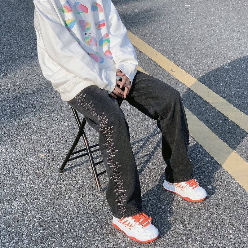 ユニークなデザイン ハイストリートスタイル 心電図 縫合 カジュアル ジーンズ