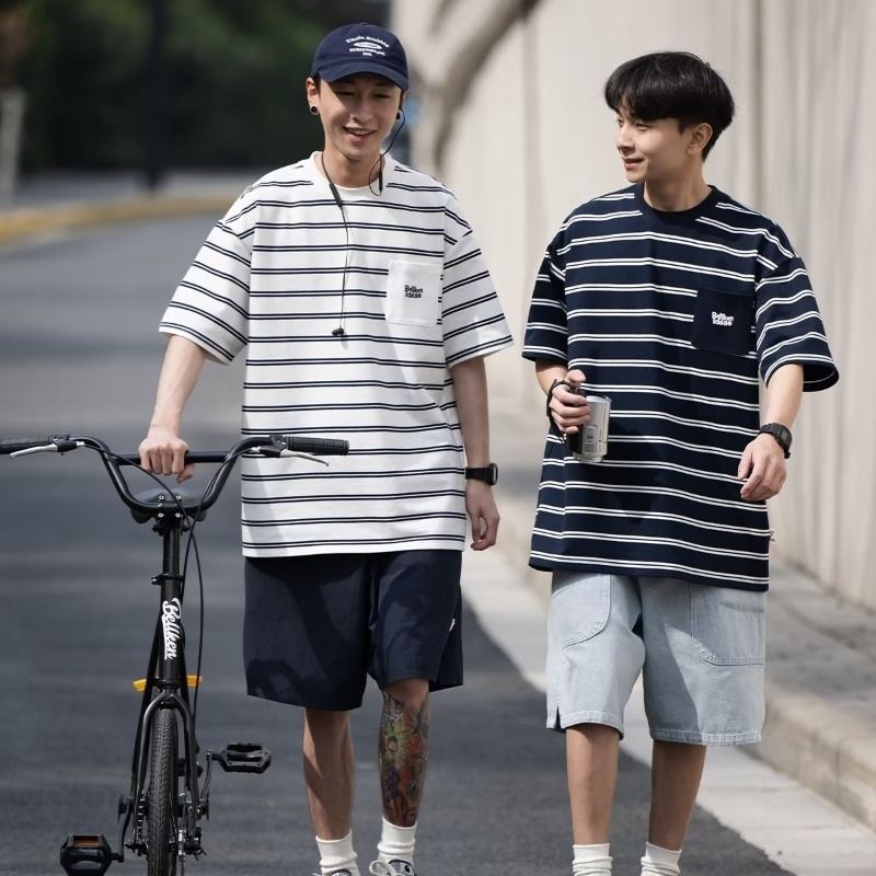 INS大人气 韓国ファッション カジュアル ボーダー柄 半袖シャツ