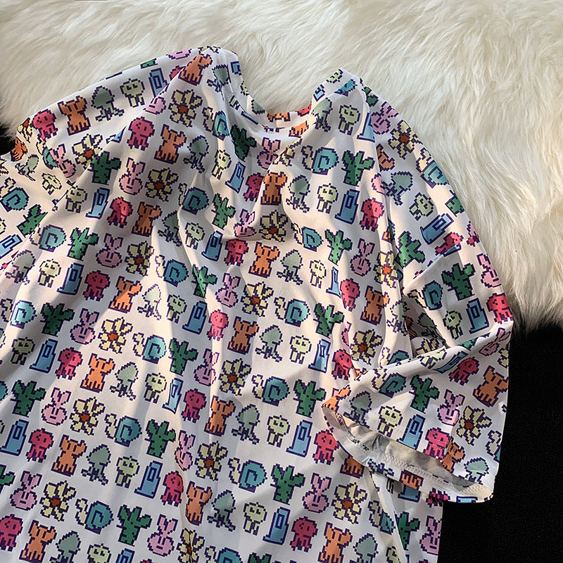 ピクセルスタイル かわいいアニメ カジュアル 半袖シャツ