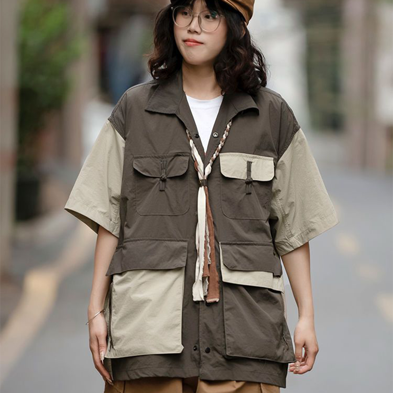 INS大人气 機能性 マルチポケット コントラストカラー ファッション 半袖シャツ