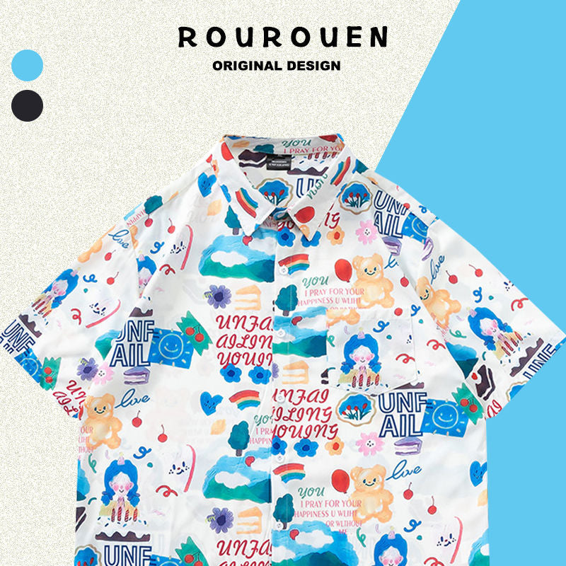 INS大人气 かわいい漫画風のプリント カジュアル 半袖シャツ