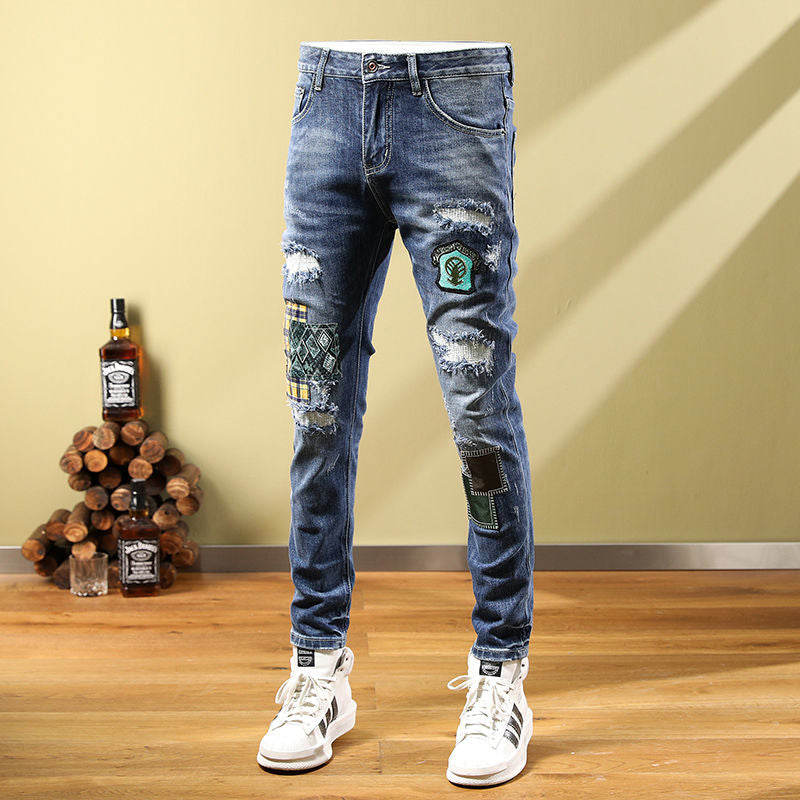 アメリカンスタイル バッジ ダメージデニムパンツ