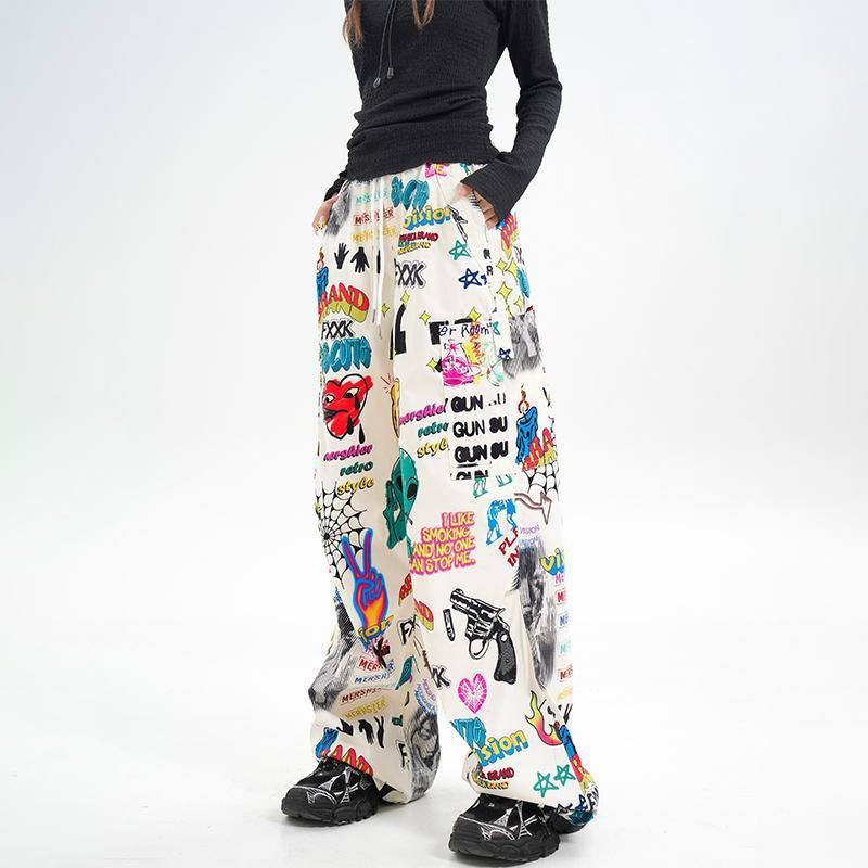 落書き風 アメリカンスタイル レトロ カジュアルパンツ
