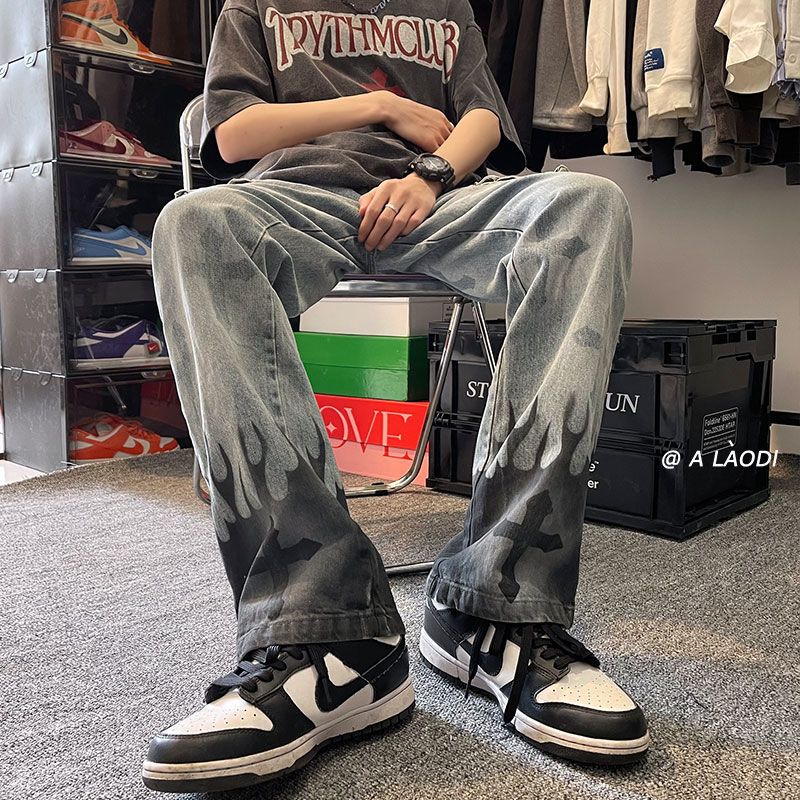 ハイストリートスタイル 炎と十字架 ジーンズ