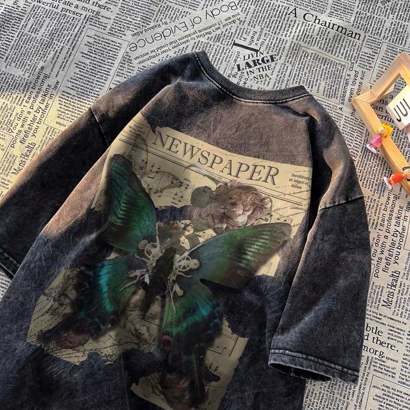 ダークスタイル クールなバタフライプリント カジュアル 半袖シャツ