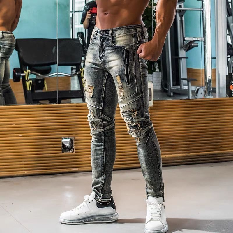 重工業スタイル 超カッコイイ ダメージデニムパンツ