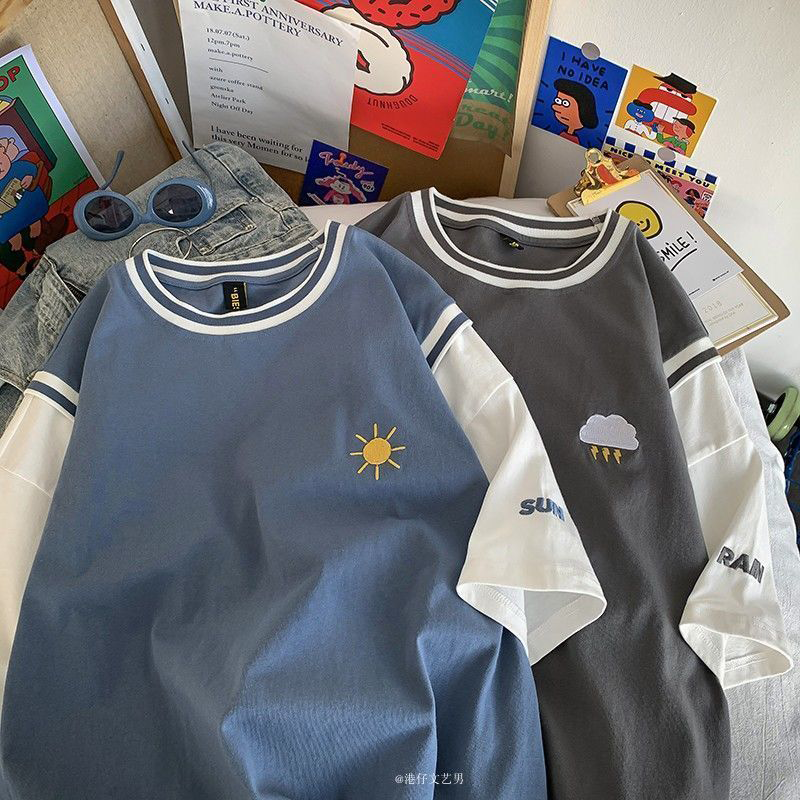 INS大人气  コントラストカラー 天気アイコンの刺繍 半袖シャツ
