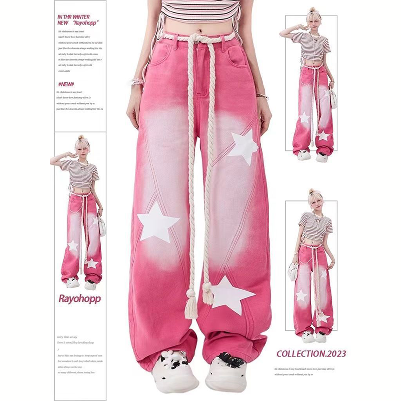 INS大人气  ハイストリートスタイル  星 ワイドパンツ  ジーンズ