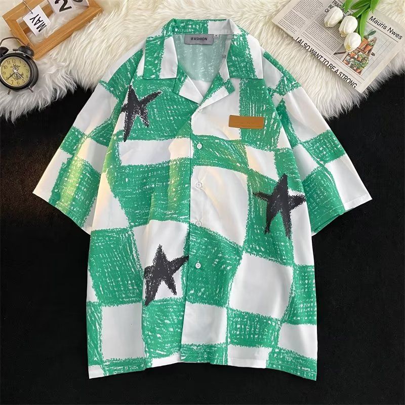 ユニークなデザイン  チェック柄 星柄  半袖シャツ