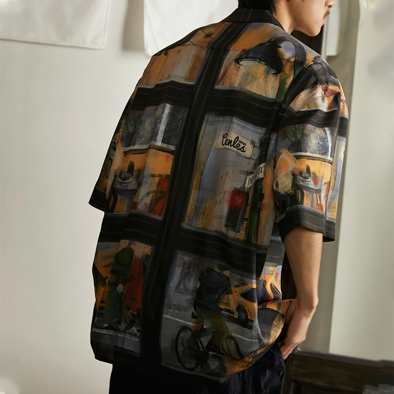 雨の日の街並みの油絵 カジュアル 半袖シャツ