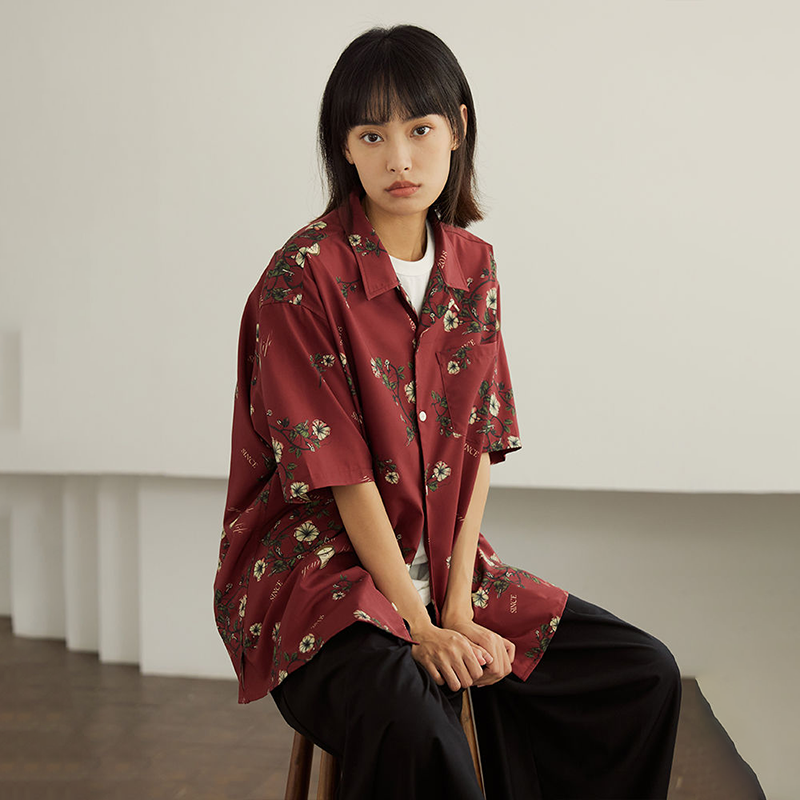 ユニークなデザイン 朝顔プリント柄 カジュアル 半袖シャツ