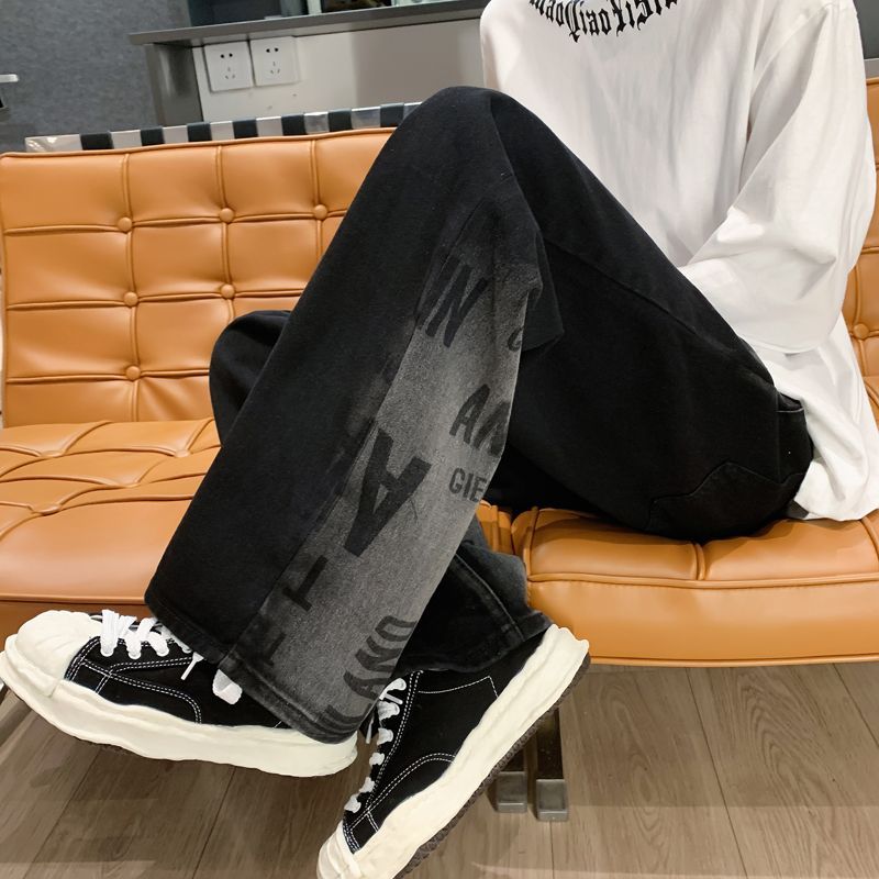 アメリカンハイストリートスタイル グラデーション 英語プリント ジーンズ