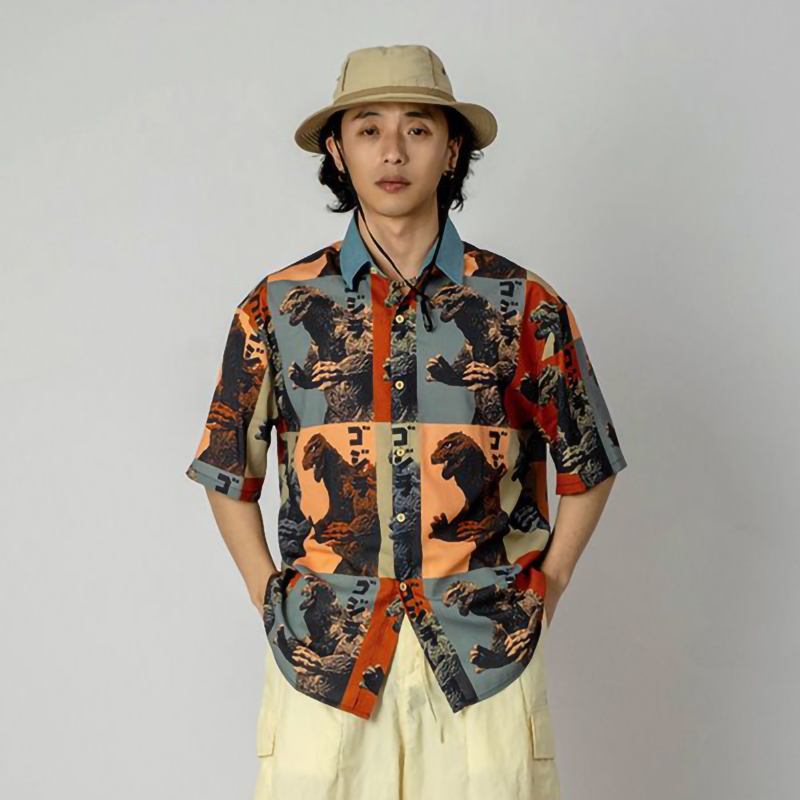 超カッコイイ 巨獣プリント カジュアル 半袖シャツ