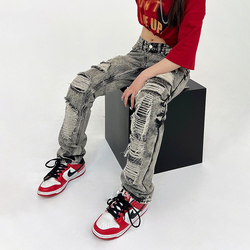 アメリカンハイストリートスタイル レトロ ダメージデニムパンツ
