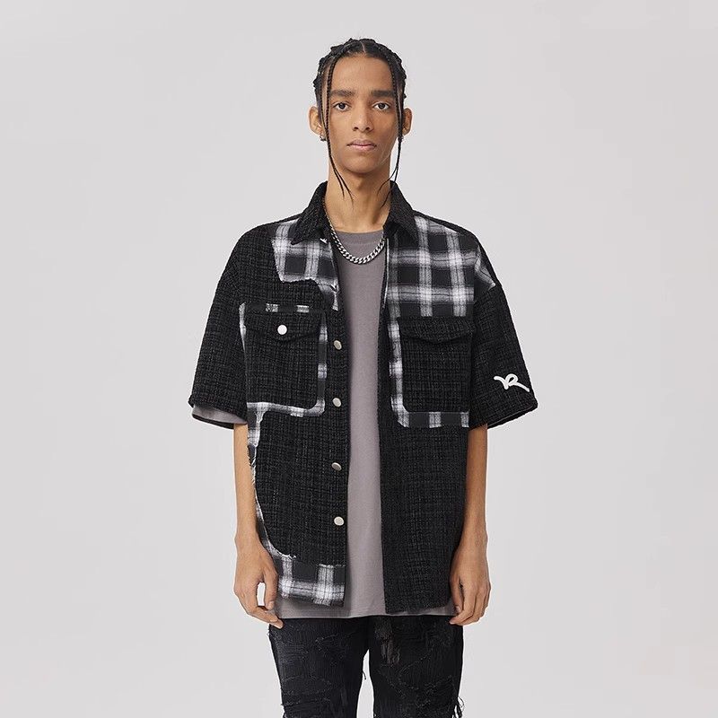 INS大人气 カジュアル スプライシング風 チェック柄 半袖シャツ