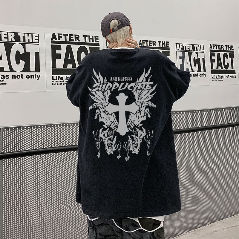 ダークスタイル 十字架と翼と手の骨 カジュアル 半袖シャツ