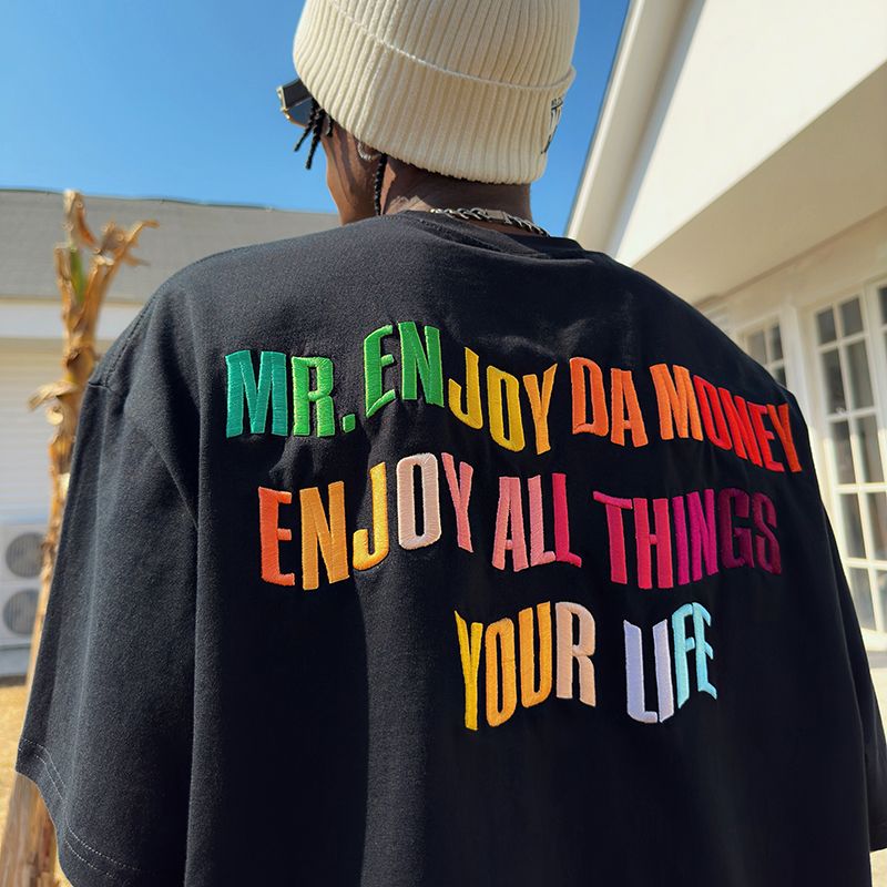 INS大人气 英語 カラー刺繍 ハイストリートスタイル 半袖シャツ