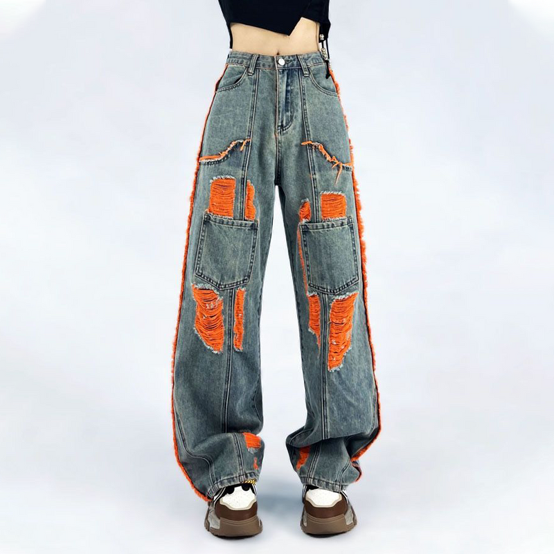 人気爆発 コントラストカラー  韓国ファッションハイウエストワイドレッグジーンズ